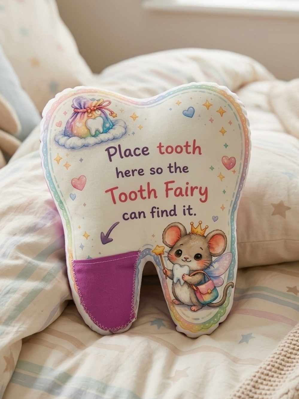 Tooth Fairy Pillow Plush with Purple Pocket